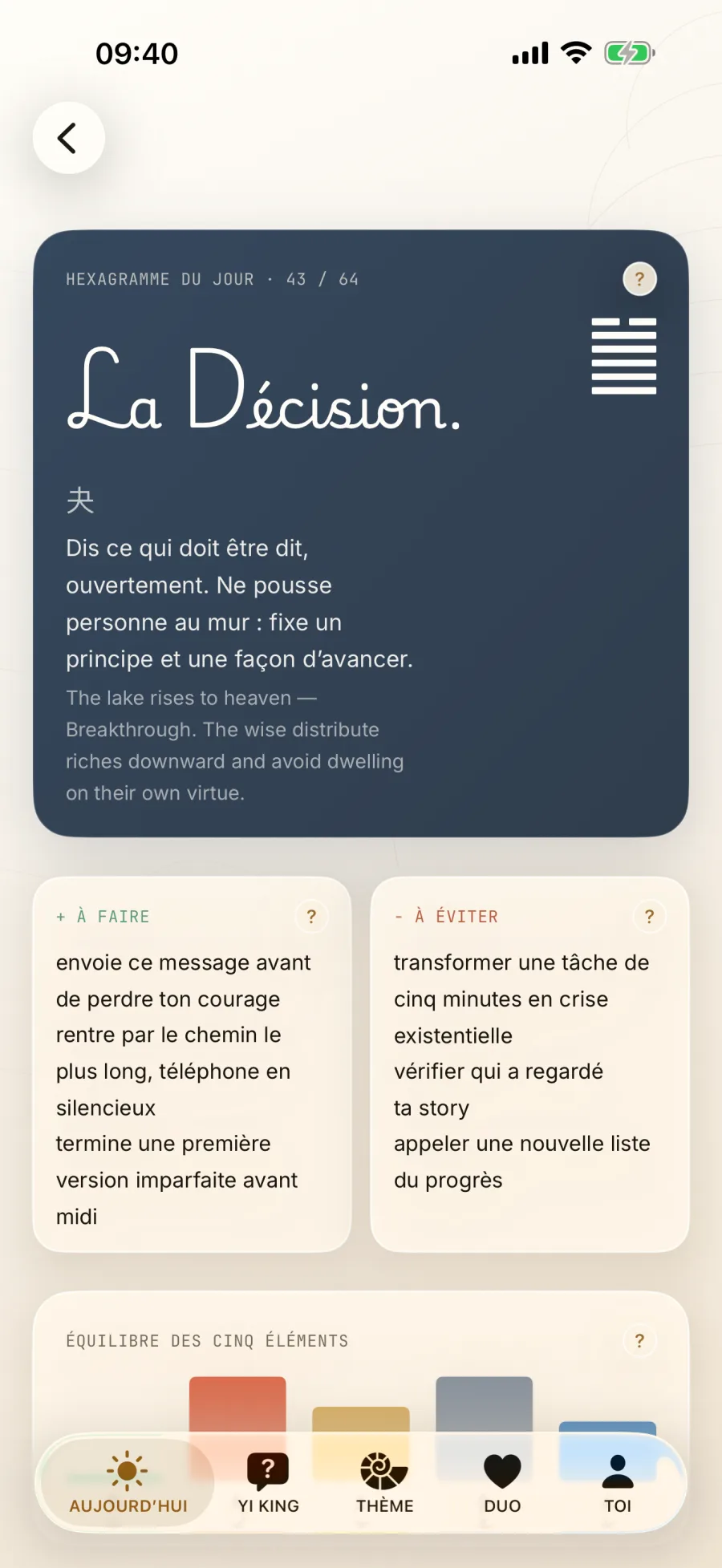 Écran Daoly en français avec l’hexagramme 43 et l’équilibre élémentaire