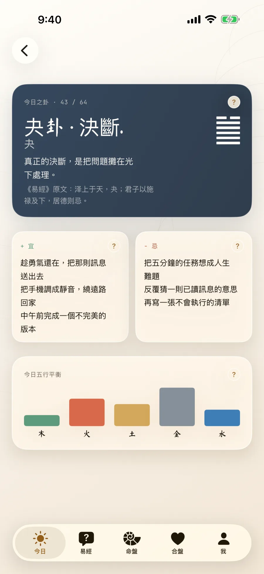 繁體中文版 Daoly 顯示易經第43卦與五行平衡